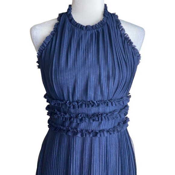 JS Collections Dark Blue Pleated Mesh Halter Maxi Gown Formal Prom Women's Sz 6 - Picture 4 of 13